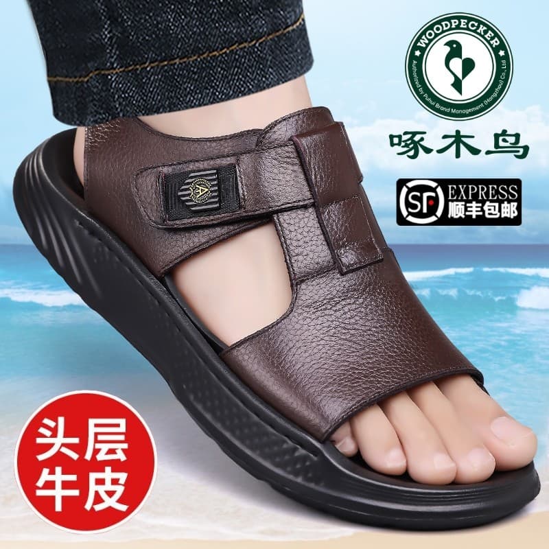 Woodpecker sandálias masculinas verão couro genuíno sola macia Casual sapatos de praia primeira camada respirável conduç