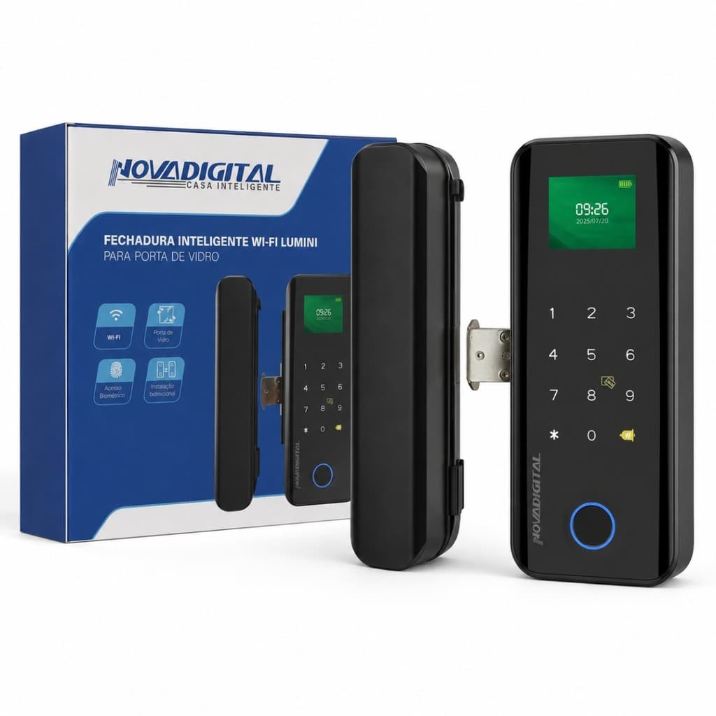 Fechadura Digital Inteligente Wi-Fi Porta Vidro NOVADIGITAL LUMINI Biometria Senha App Tag Controle Acesso Smart Life