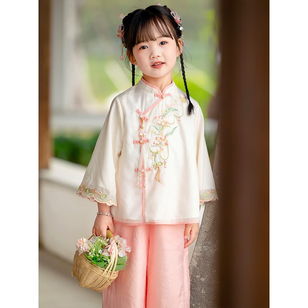 Hanfu meninas 2025 novo estilo outono crianças calças bordadas antigas conjunto de duas peças menina estilo chinês Tang