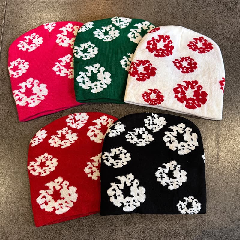 Europeu americano na moda Kapok Jacquard chapéu de malha Casual All-Match flor chapéu de lã feminino inverno proteção de