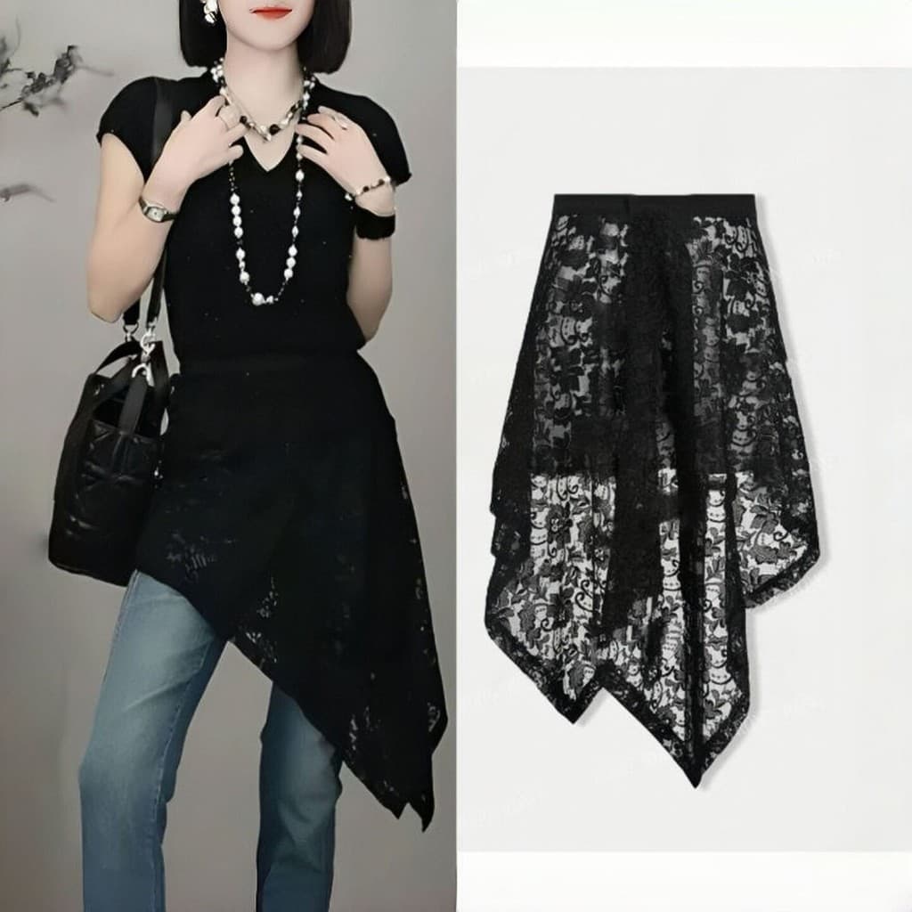 2026 novo estilo Irregular Retro bainha saia de renda feminino mais magro olhar All-Match capa gordura mais magro olhar
