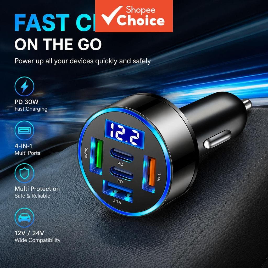 Adaptador Carregador Veicular USB-C 5 Portas 100W com 3 USB e 2 Portas PD para iPhone, Huawei, Samsung, Xiaomi