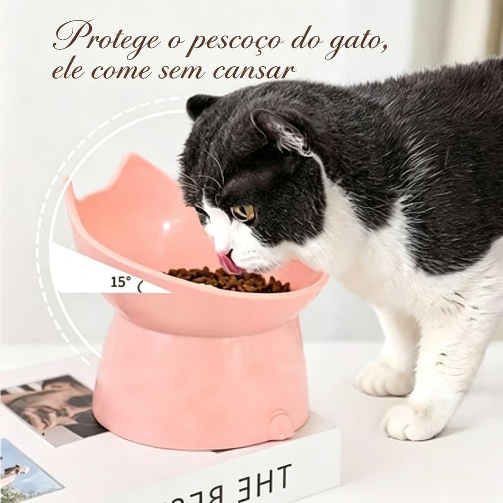 Tigela Elevada para Gatos Inclinada 15° Protege Coluna Antiderrapante Anti-derramamento Ração Pet