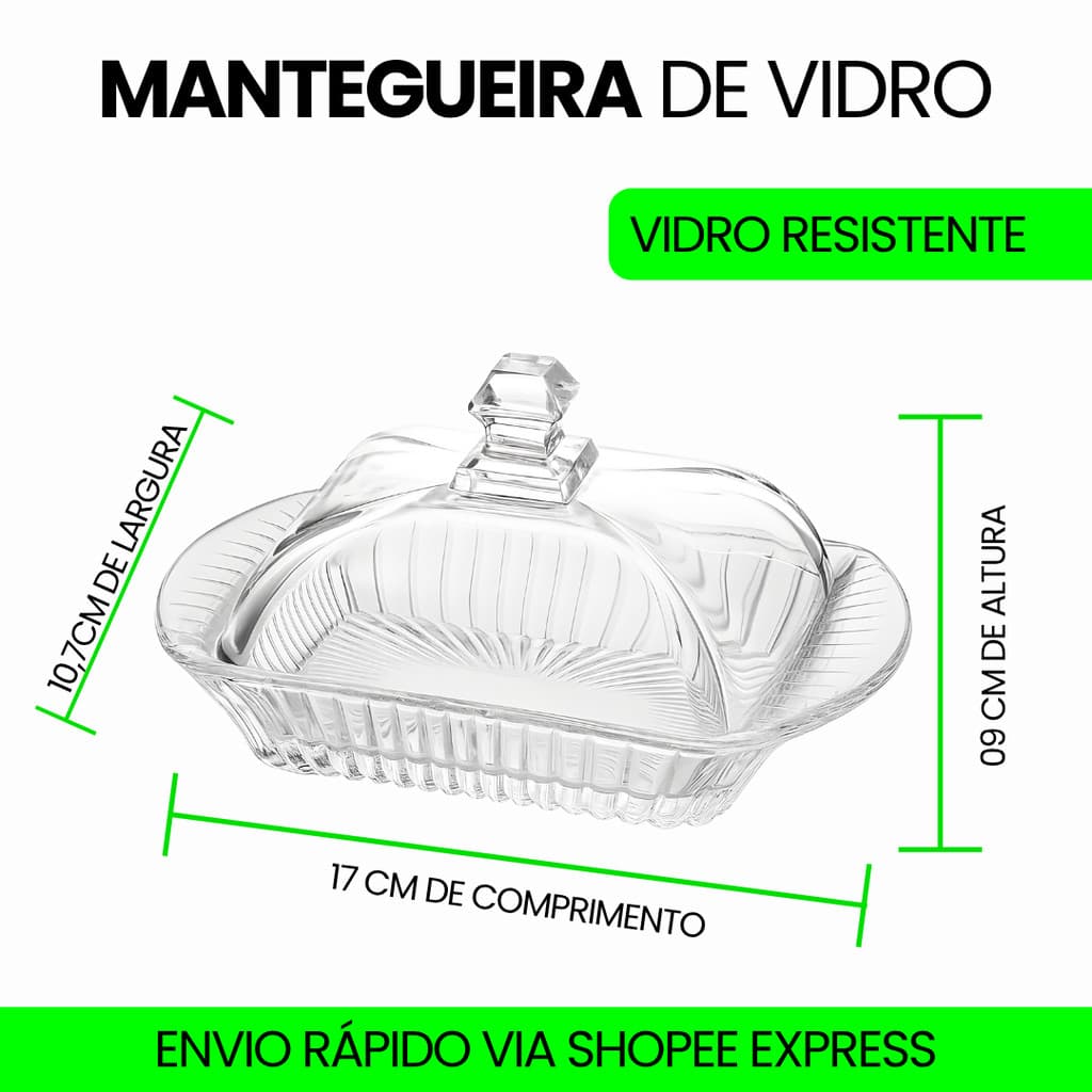 Manteigueira De Vidro Com Tampa E Detalhes Luxuosa Cristal Para Cozinha Porta Manteiga