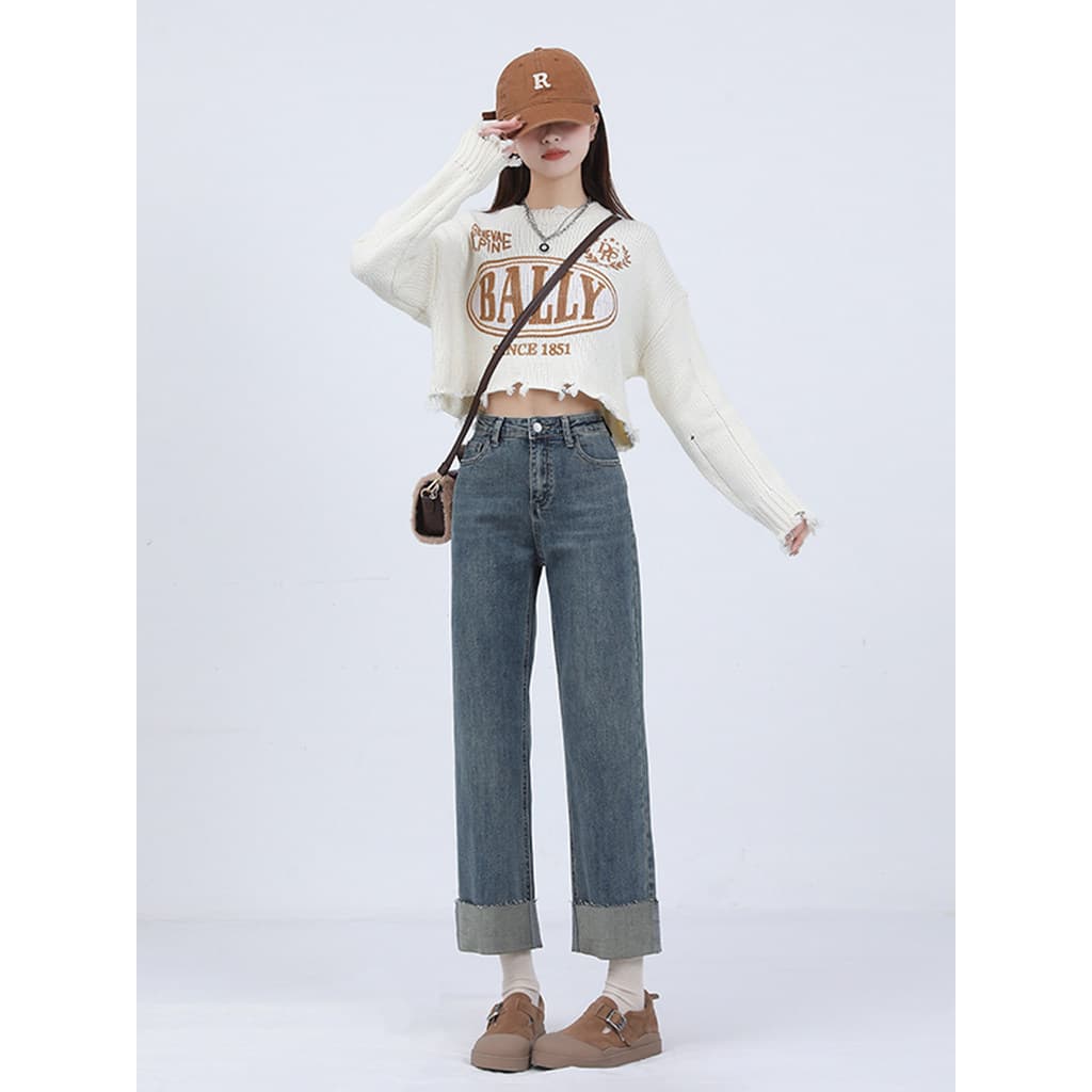 Vfvk Curling solto calças de perna reta 2026 verão novo estilo Retro Jeans de perna larga feminino pequeno cigarro calça