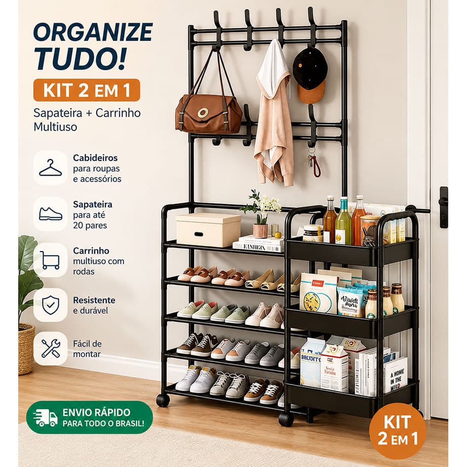 KIT 2: Sapateira doméstica de cinco níveis + carrinho de armazenamento de três níveis