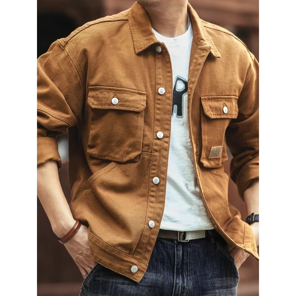 Americano Retro Multi-bolso jaqueta de carga masculina lapela primavera outono estilo rua Wear pesado Denim jaqueta masc