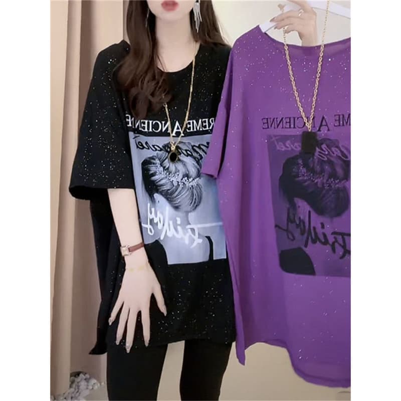 2025 novo estilo brilhante impresso Split meados de comprimento camiseta de manga curta feminina verão novo estilo topo