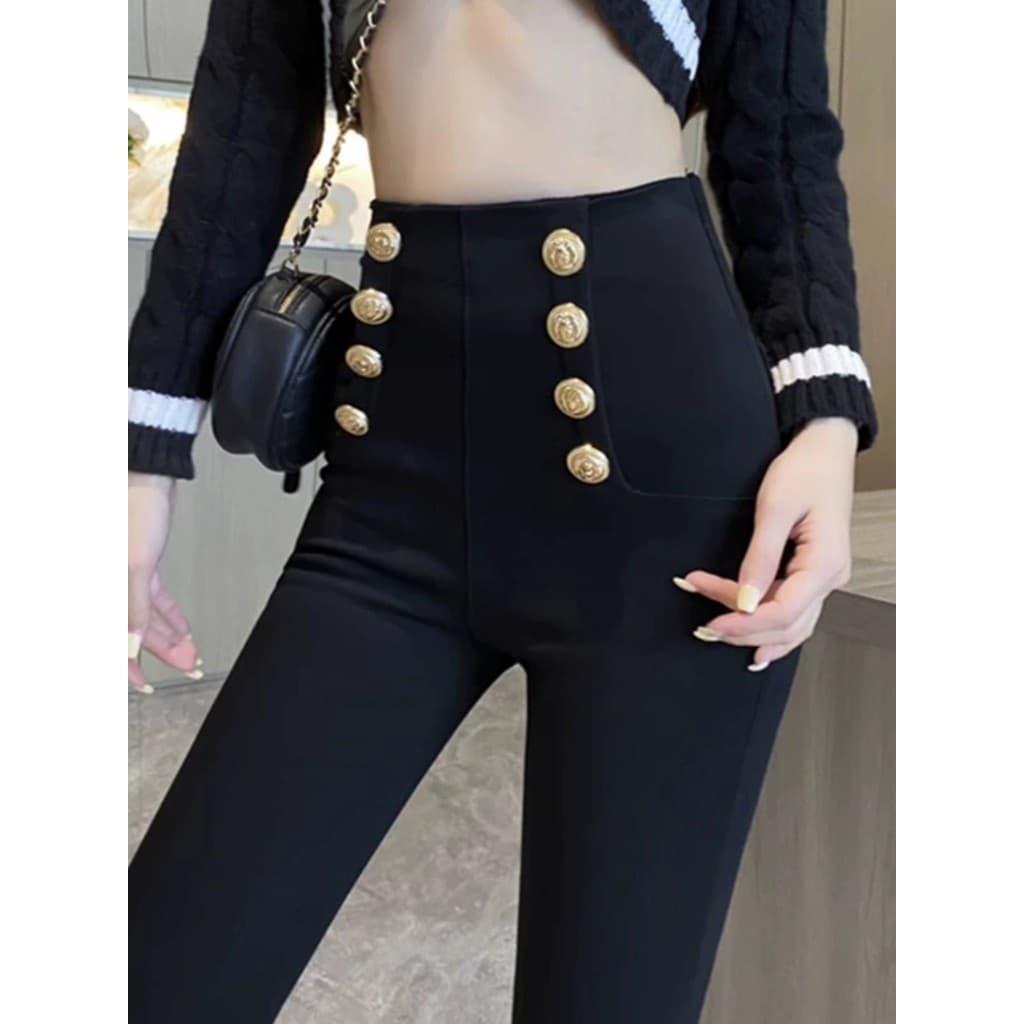 Preto velo-Breasted leggings feminino exterior Wear outono inverno calças de cintura alta abotoado leggings calças magra