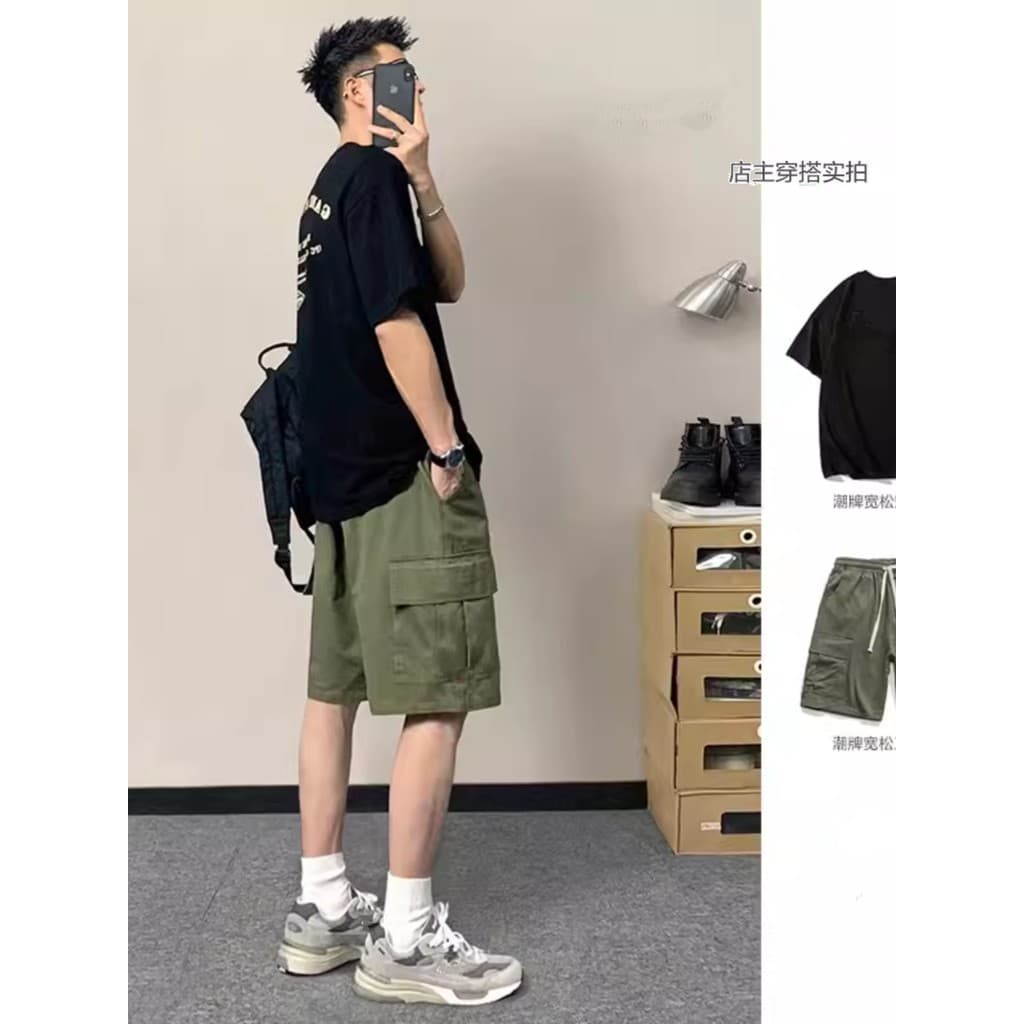 Verão japonês Retro macacão masculino Multi-bolso Design Street Wear solto All-match Casual esportes Shorts de cinco pon