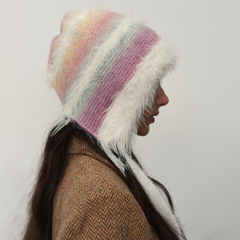 Gorros de malha com degradê macio, com cordão longo, fofos, casuais, quentes e com proteção para as orelhas, feitos de l