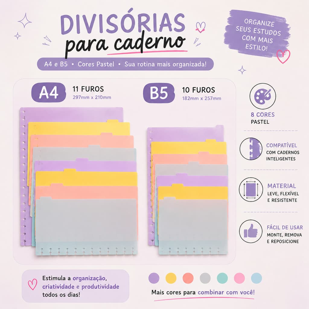 FUSHANG Refil 80 Folhas + Kit 8 Divisórias Compatível com Caderno Inteligente A4 A5 B5