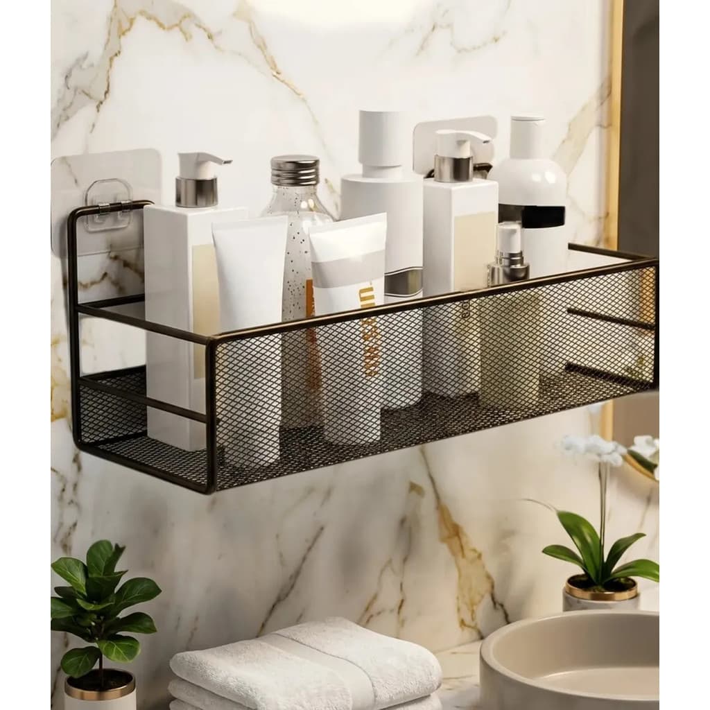 Suporte Prateleira Porta Shampoo Sabonete Organizador De Parede Metal Sem Furos Cor Preta