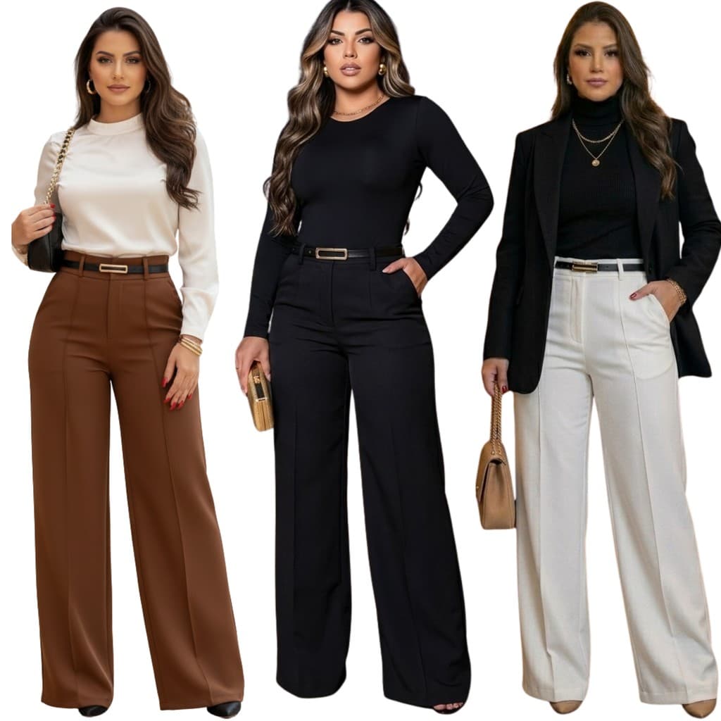 Kit 3 Peças calça pantalona alfaiataria Femenina Cintura Alta Com Bolso Varias Cores Lançamento