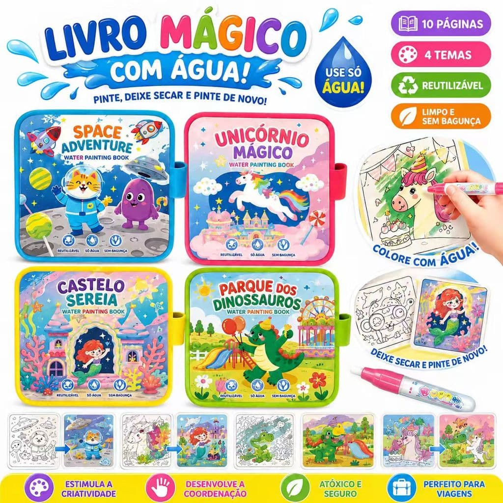 Livro Infantil de Colorir com Água – Reutilizável Sem Tinta e com Caneta Mágica | Diversão Educativa de 10 Páginas