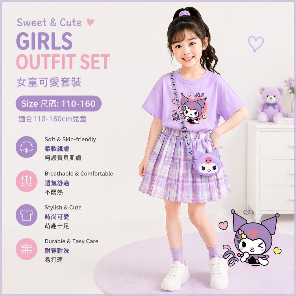Conjunto de blusa e saia Kuromi infantil, saia curta estilo escolar para meninas, roupa infantil, conjunto de manga curt