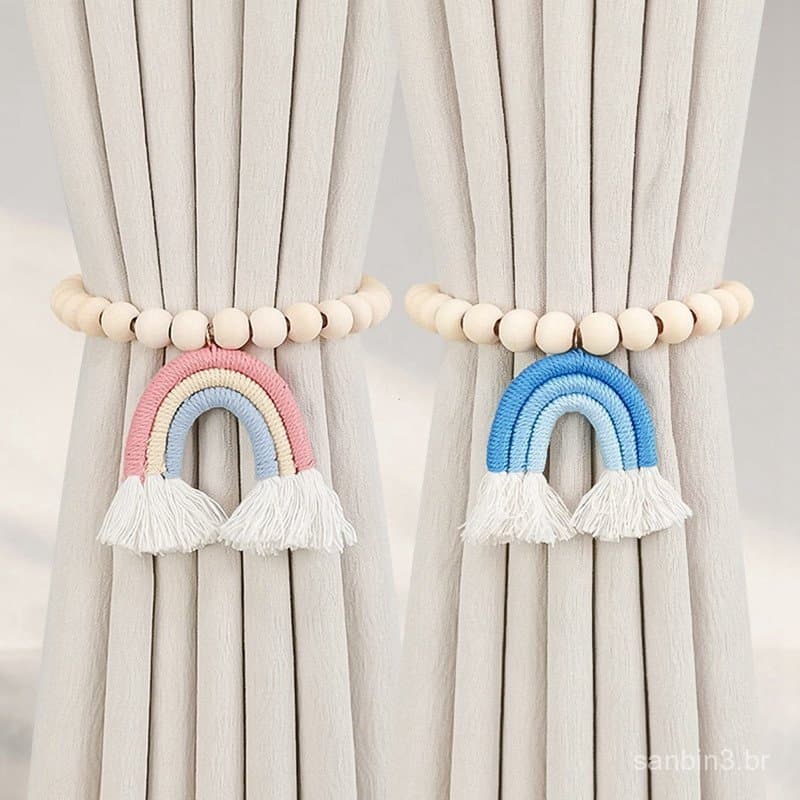 2 Peças de Prendedores Magnéticos para Cortinas, Suportes Arco-Íris, Laços de Contas de Madeira Natural IMTL