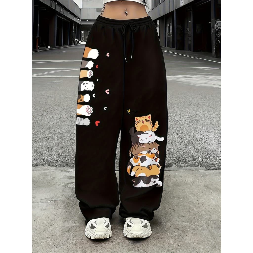 Calça Wide Leg Feminina Gatinhos Estampada Baggy Moletom Leve Perna Larga Casual Confortável