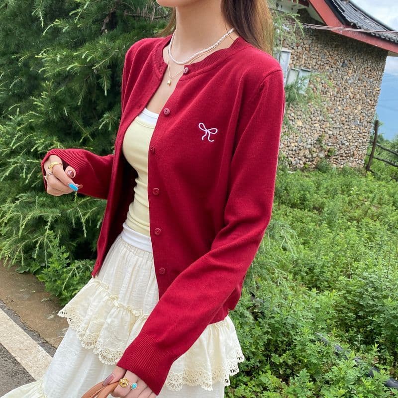 Primavera outono High-End sentimento pequeno exterior curto topo americano Retro vermelho malha Cardigan jaqueta feminin