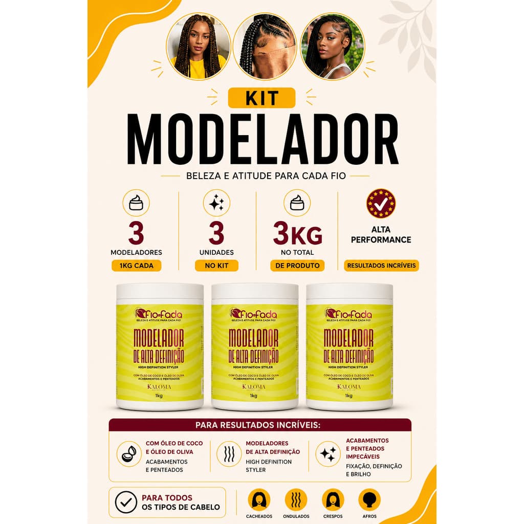 Kit Trancista Fio de Fada 3 Pomadas Modeladoras 1kg Alta Fixação Definição para Tranças