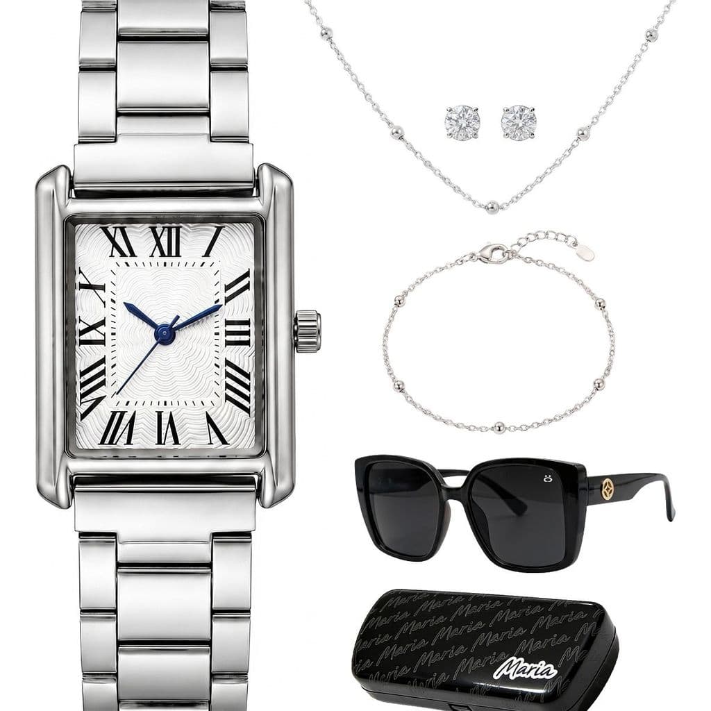Relogio prata feminino + oculos + colar pulseira aço kit