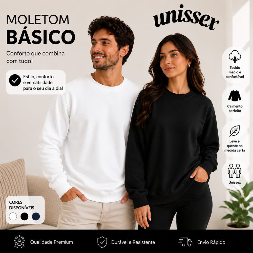 Blusa Unissex Feminino e Masculino De Moletom Branca OFF White Preta Azul Marinho Lisa Algodão Oferta!