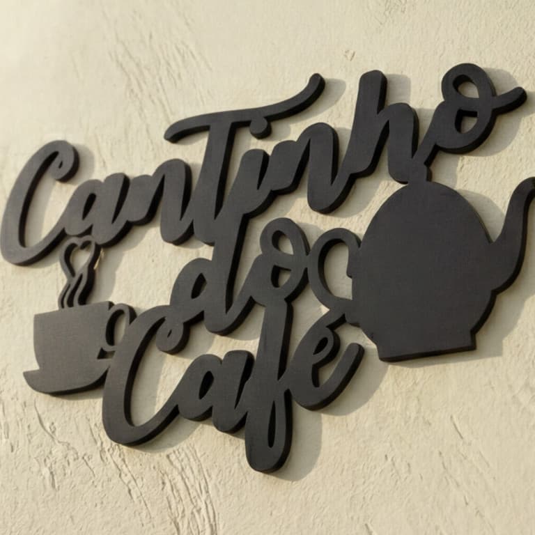 Placa Cantinho do Café MDF Preto 25x15 Bule Xícara Decoração Parede Cozinha Cafeteria Padaria
