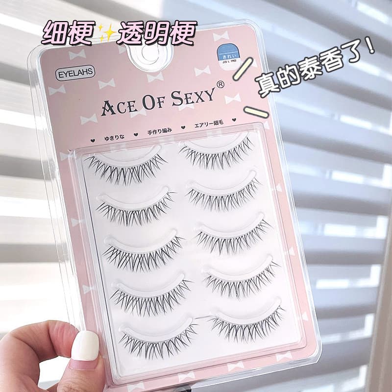 Cabelo de fada Natural Curling cruz olho cômico em forma de V haste transparente 5 pares cílios haste fina substituição