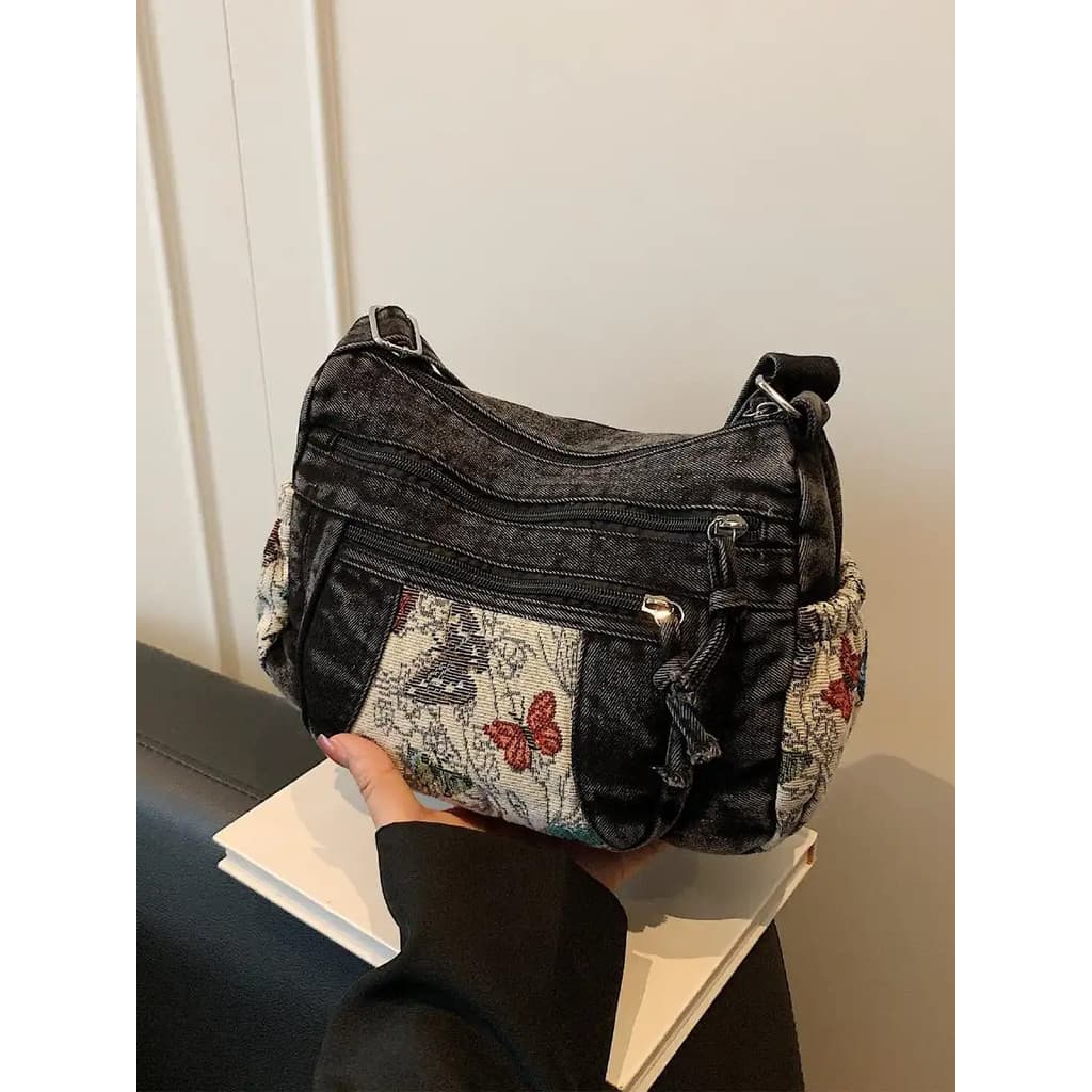 Bolsa Casual de Moda com Múltiplos Bolsos e Design de Borboleta, Bolsa de Ombro em Denim, Bolsa de Ombro e Transversal,