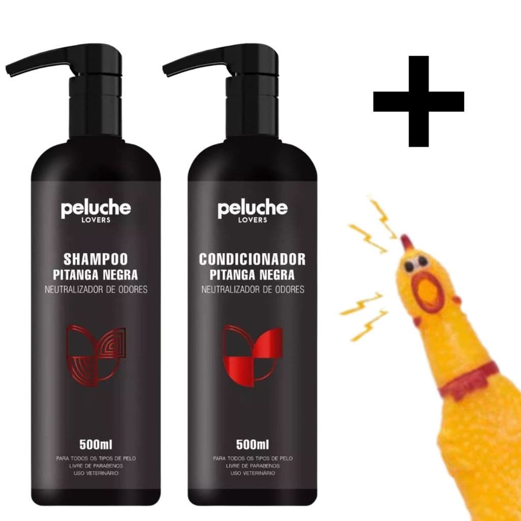 Kit Shampoo Condicionador Pitanga Negra Peluche 500ml Remove Odores Cães Gatos Com Galinha