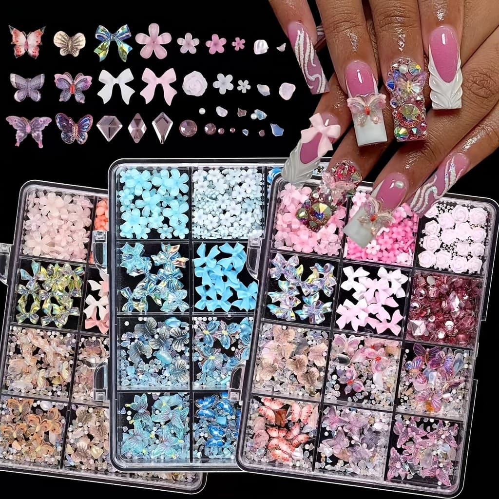 Kit Nail Art 3D 12 Divisórias Charms Flores Borboletas Strass Decoração Unhas