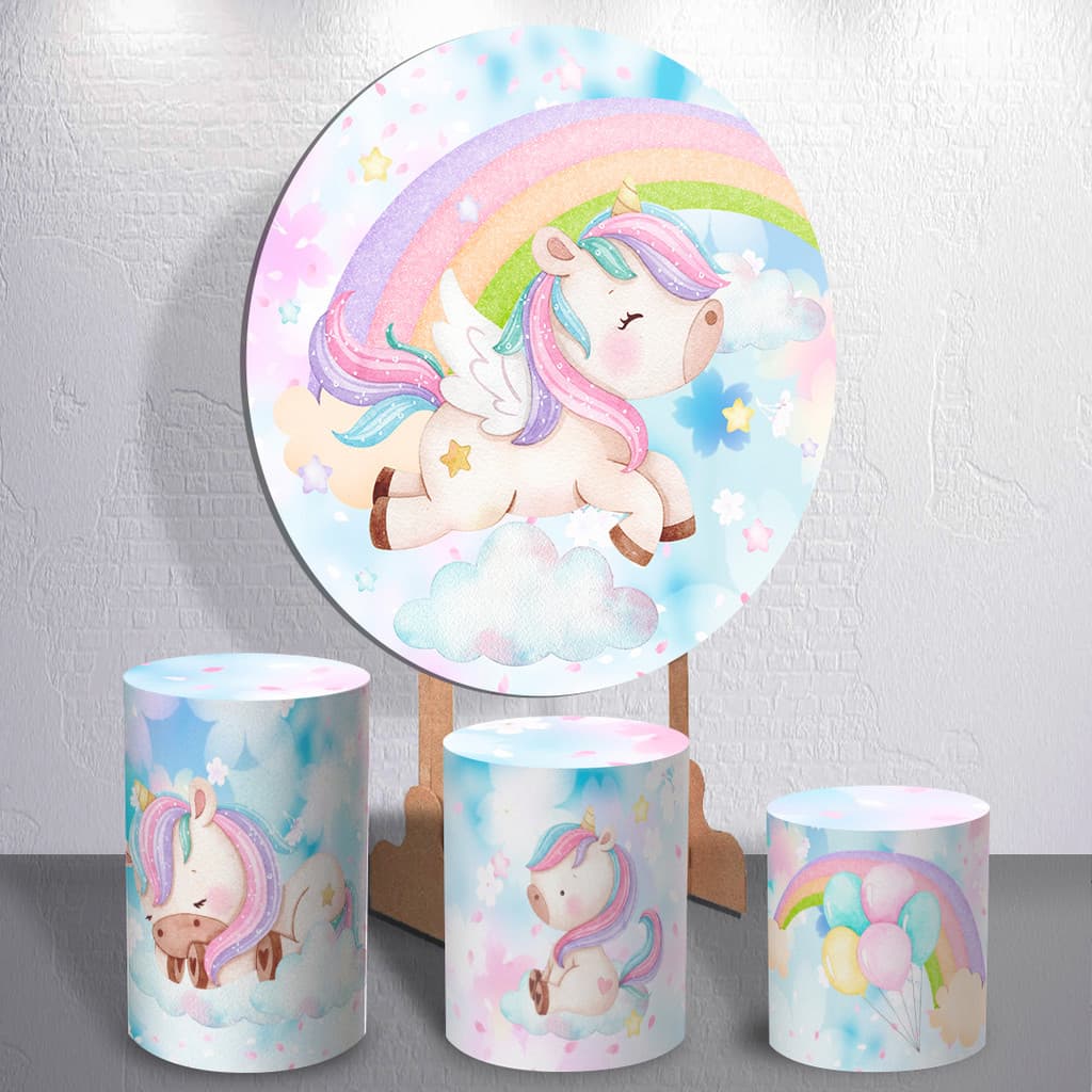 Capas Painel Festa Redondo Com Trio de Cilindro Decoração Tema Infantil Mágico Unicórnio Menina Animado