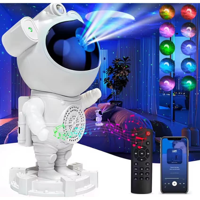 Luminária Astronauta com Som Bluetooth – Projetor de Luz Galáxia e Estrelas no Espaço