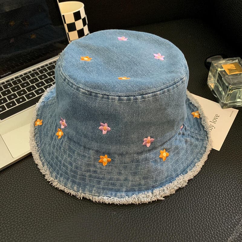 Chapéu De Pescador Jeans Bordado Com Padrão De Flor Chapéus Femininos De Aba Desgastada Bonés De Bacia De Primavera Sol
