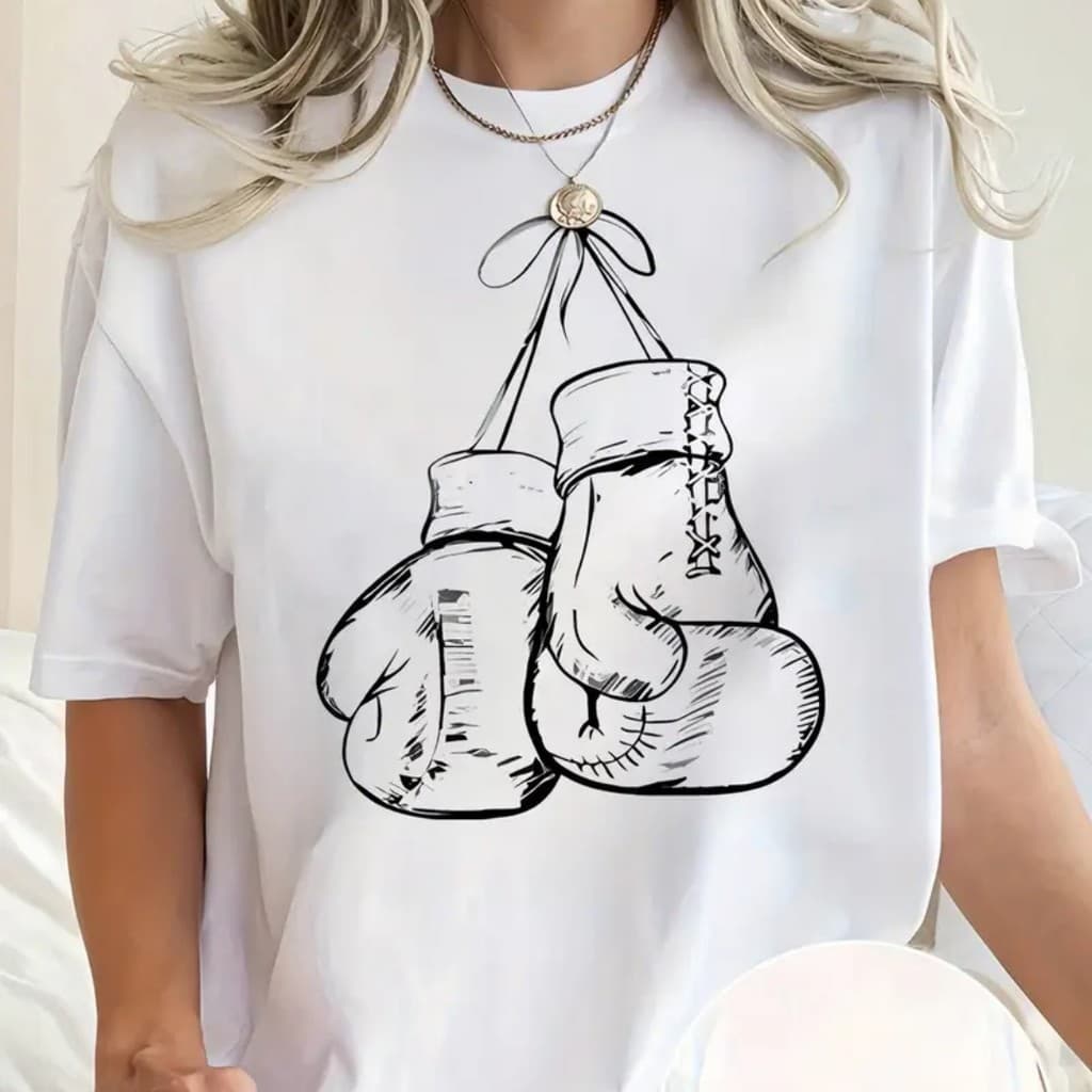 Camiseta Feminina Casual Estampada com Luvas de Boxe, Tecido de Malha de Poliéster, Gola Careca, Elástico Médio