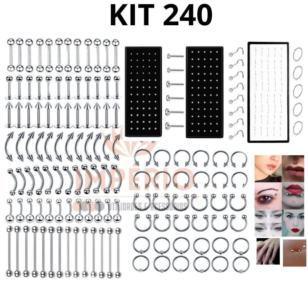 KIT  240 Piercings Aço cirúrgico perfurado língua sobrancelha umbigo ferradura nariz lábio anel Cor Prata 8mm