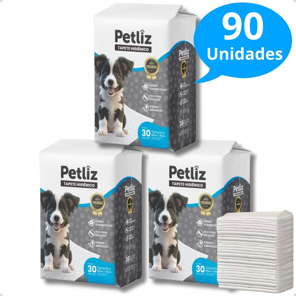 Kit 3 Tapete Higiênico Alta Absorção para Cachorro 60 x 50 cm - 30 unidades - Petliz