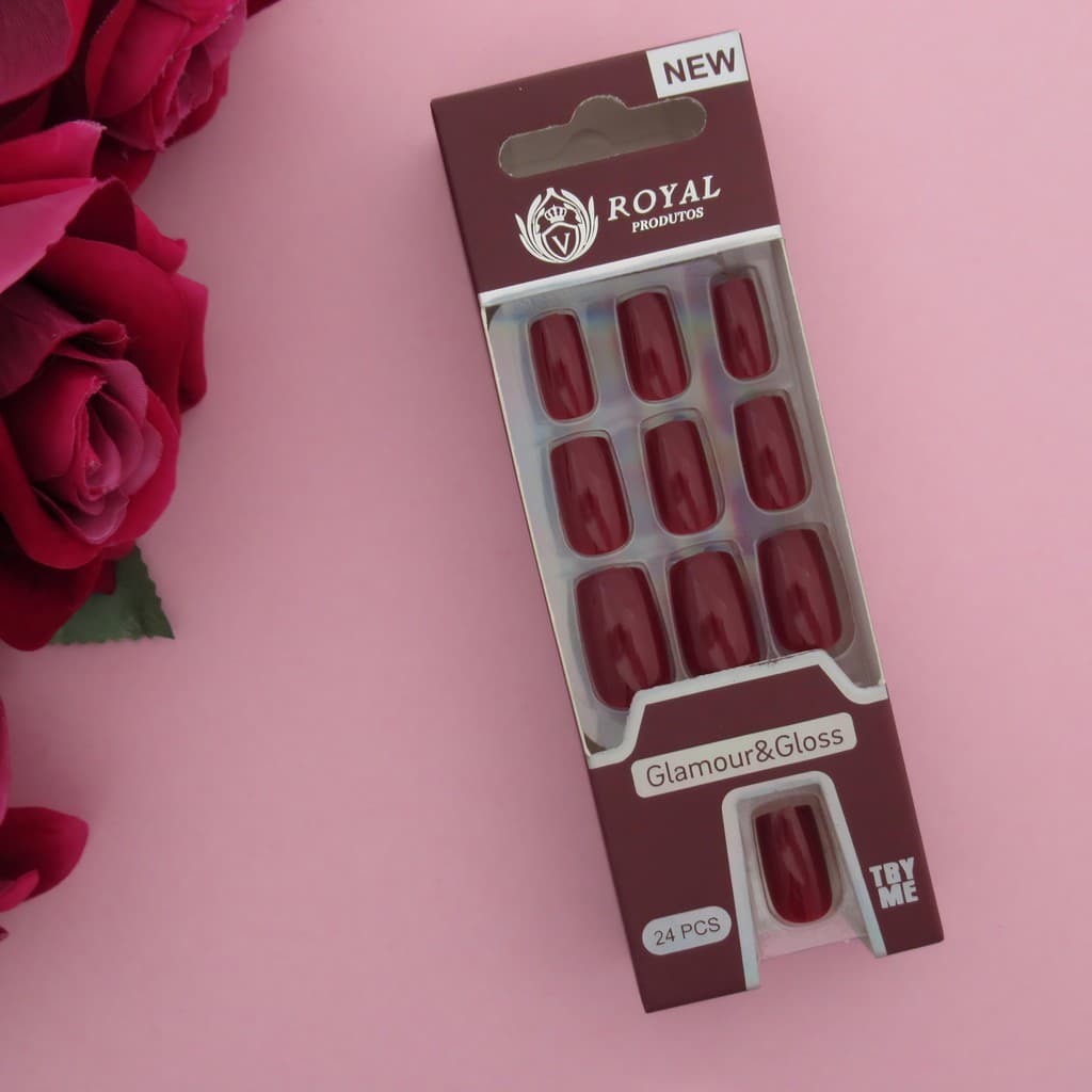 UNHAS POSTIÇAS QUADRADA MÉDIA AUTOCOLANTE - KIT COM 24 PEÇAS COR VINHO  T-579-9