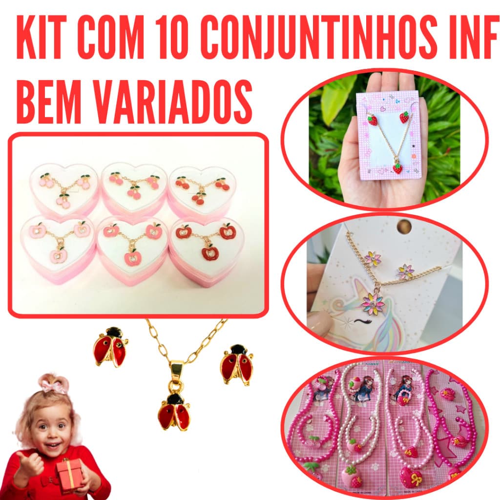 SUPER KIT INFANTIL COM 10 LINDOS CONJUNTOS DE COLAR E BRINCOS BEM VARIADINHO
