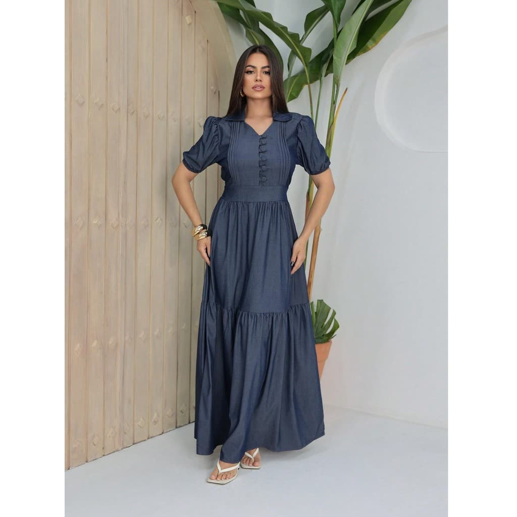 Vestido longo luxo chambray imitacao jeans gola e botao manga curto