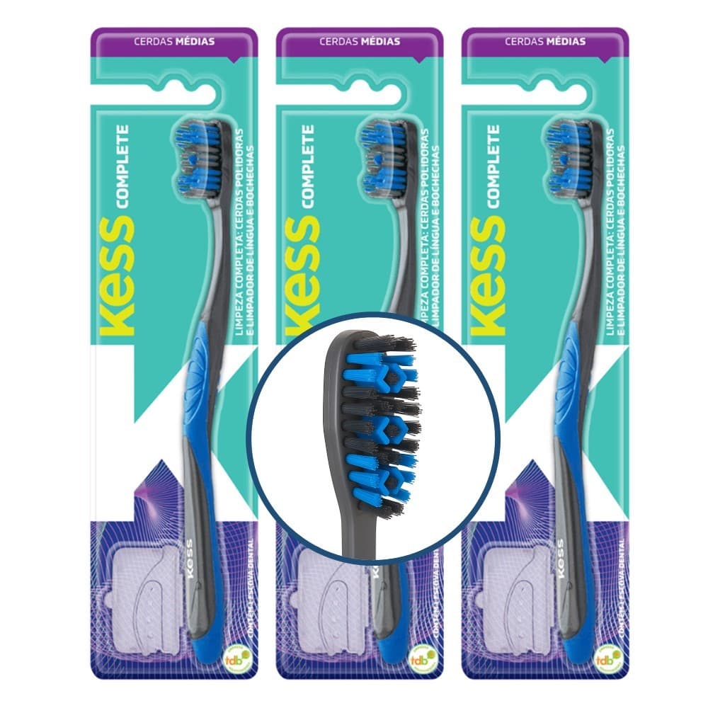 Kit 3 Escova de Dente Azul Cerdas Médias Kess Complete Limpador de Língua Capa Protetora