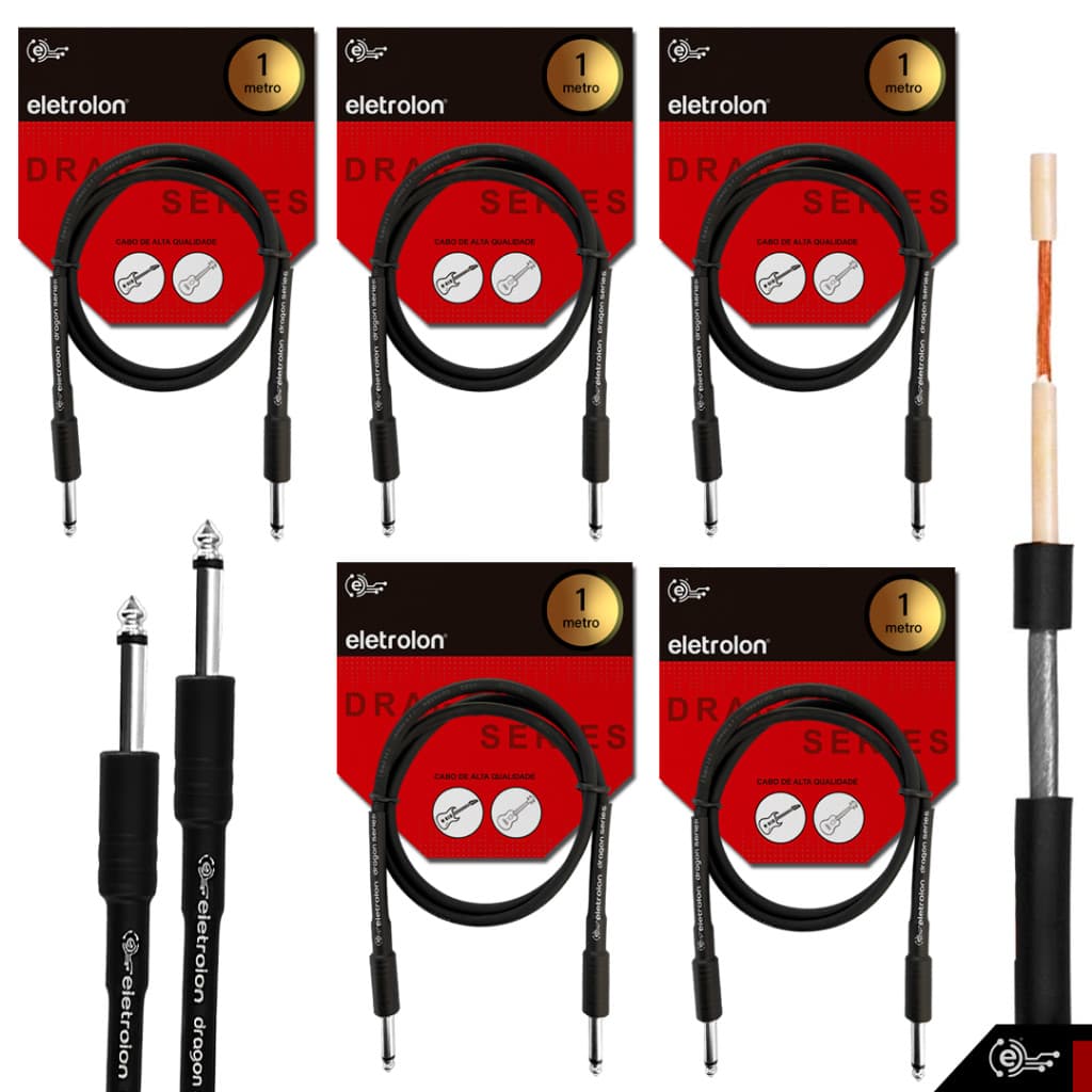 Kit 5 Cabo P10 P10 Mono Para Violão Guitarra Baixo 1m Metro - Eletrolon