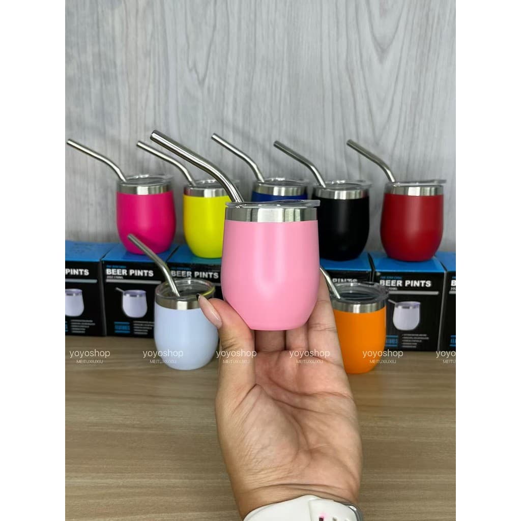 Kit 4 Mini Copo Ovo Cuia Térmica 70ml Em Inox Com Tampa Acrílica com Canudos de aço inoxidável，Kit 4 Mini Copo Ovo Cuia