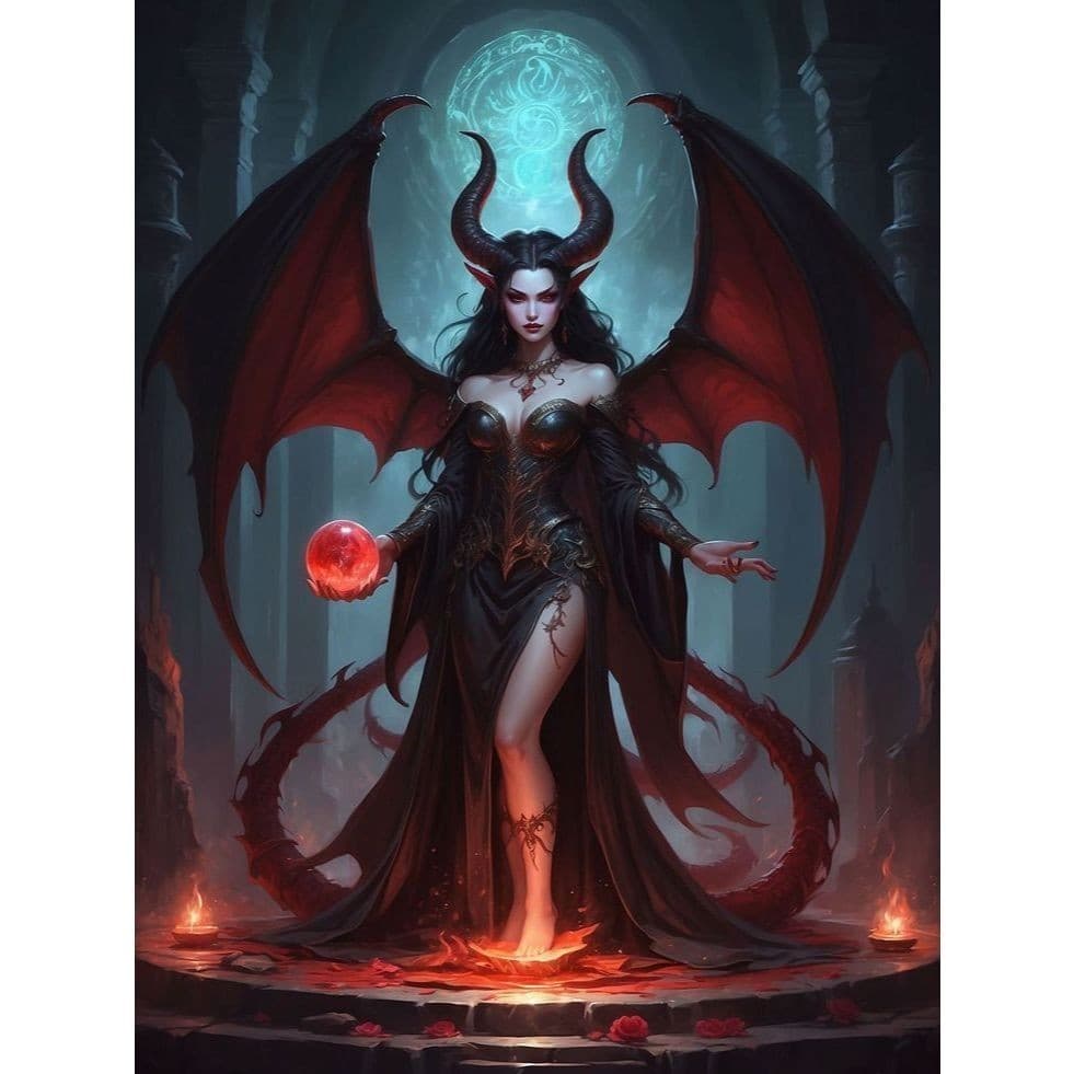 QUADRO DECORATIVO PLACA MDF- LILITH COM SUA ASAS E SUA BOLA DE CRISTINAL