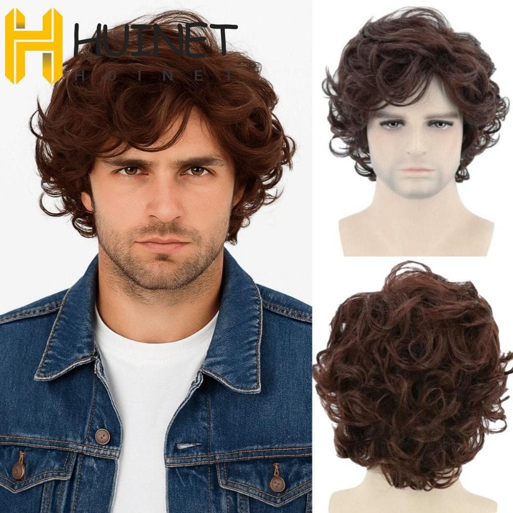HUINET Peruca Curta Encaracolada Em Camadas , Perucas Masculinas Sintéticas Marrons Fofas , Natural Para Cosplay De Hall