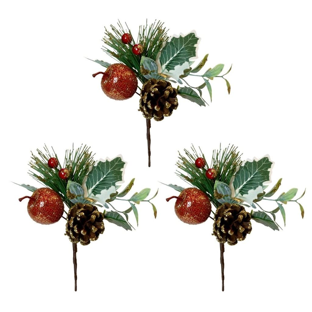 Jogo 3 Pick Natalino Folhagem Pinha e Fruta Decorado Glitter Dourado 17cm