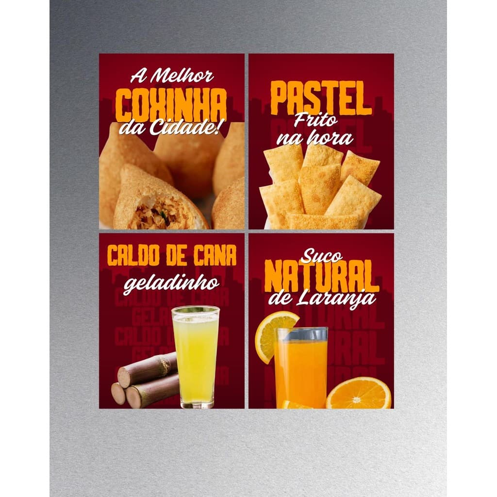 Quadro Decorativo Lanchonete Coxinha Pastel Caldo de Cana Suco de Laranja personalizado com sua arte