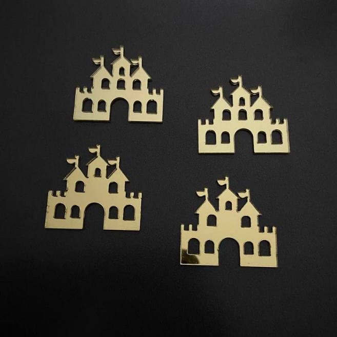 Aplique Castelo Princesas em Acrílico Espelhado Dourado 4cm Para - Personalizados e Lembrancinhas