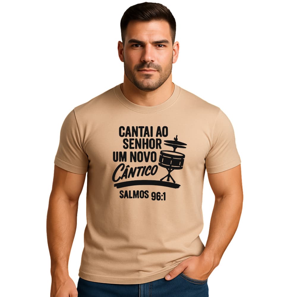 Camiseta Masculina Cristã Gola Careca Algodão Estampada Cantai ao Senhor Gospel Músico Baterista