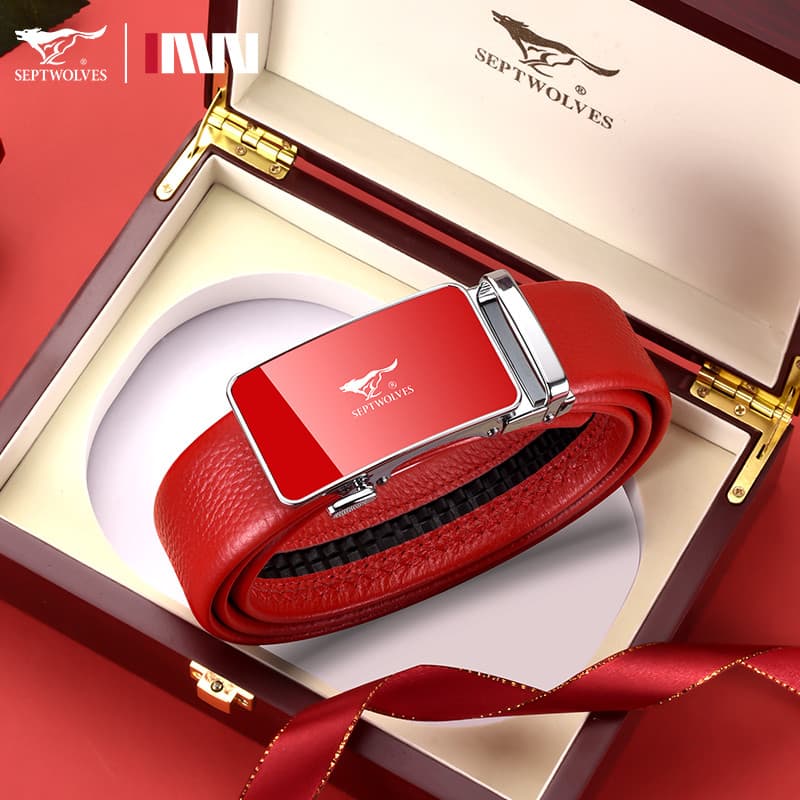 Sete cavalos lobo Benming ano cinto vermelho couro genuíno cinto masculino dragão High-End caixa de presente primeira ca